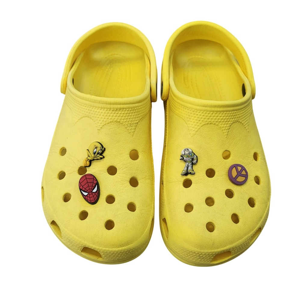 Crocs Classic Clogs Yellow Women 10 Men 8 Character Charms Spiderman Buzz Tweety